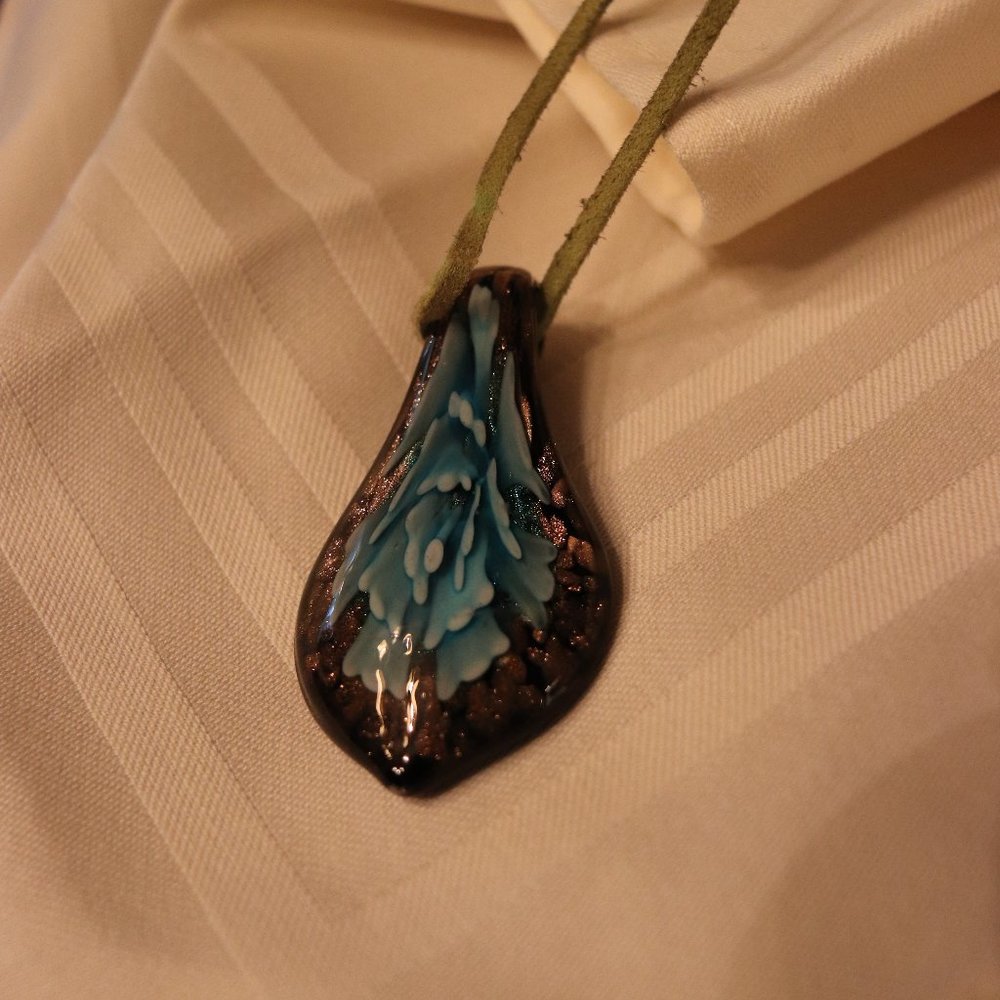 Vintage Fused Glass  Pendant,  black with blue, white and bronze details